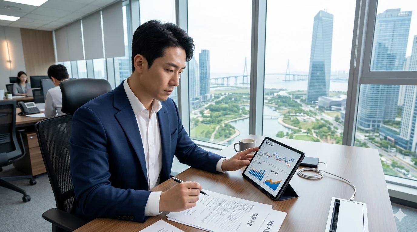 2026년 30대 신용대출 금리 오피스 창가에서 태블릿 PC로 금리 그래프를 분석하며 신중하게 대출 서류를 검토하는 30대 남성이다
