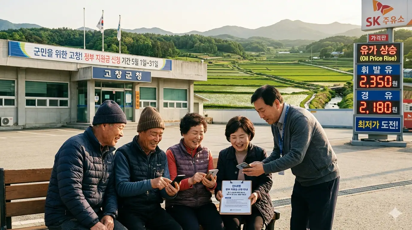 2026 고유가 민생지원금 신청 시골 군청 앞에서 주민들이 스마트폰으로 정부 지원금 신청 안내문을 보며 웃고 있는 모습이다