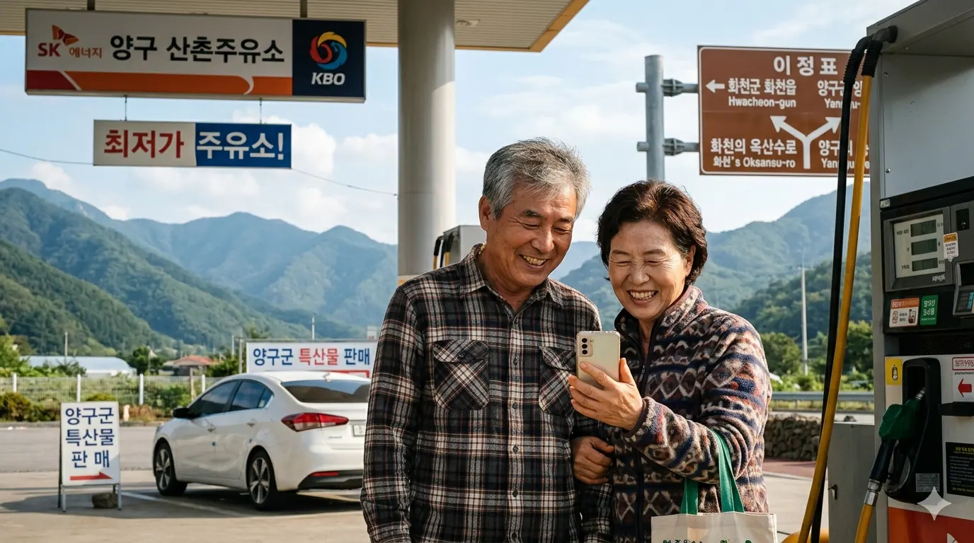 2026 고유가 민생회복 지원금 주유소 앞에서 미소 짓는 장년층 부부가 스마트폰으로 지원금 알림 문자를 확인하는 모습이다