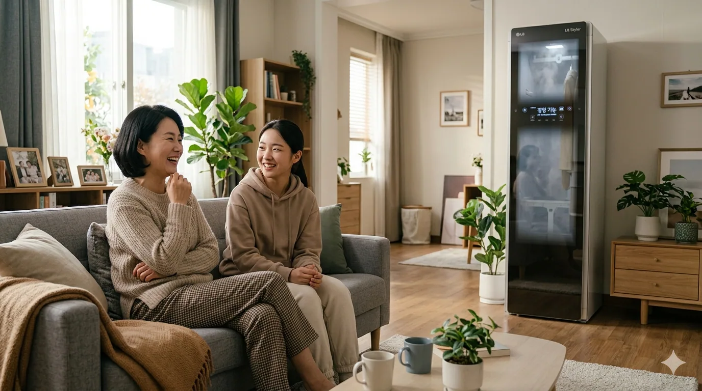 2026 LG 스타일러 바이러스 엄마와 딸이 웃으면 거실에서 이야기한다