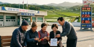 2026 고유가 민생지원금 신청 시골 군청 앞에서 주민들이 스마트폰으로 정부 지원금 신청 안내문을 보며 웃고 있는 모습이다