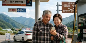 2026 고유가 민생회복 지원금 주유소 앞에서 미소 짓는 장년층 부부가 스마트폰으로 지원금 알림 문자를 확인하는 모습이다