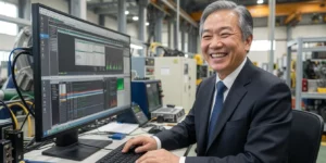 2026 스마트공장 지원사업 공장 데이터 모니터를 보며 웃는 50대 남성 대표이다