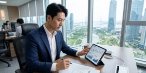 2026년 30대 신용대출 금리 오피스 창가에서 태블릿 PC로 금리 그래프를 분석하며 신중하게 대출 서류를 검토하는 30대 남성이다