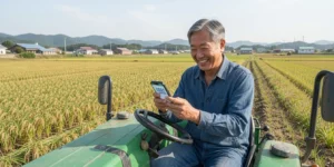 2026년 농어민 공익수당 트랙터 위에 앉아 스마트폰으로 지원금 입금 문자를 확인하며 환하게 웃고 있는 50대 농부의 모습이다