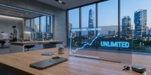 2026년 알뜰폰 5G 요금제 사무실 책상 위에 아이폰17 프로 데이타 확인 중이다