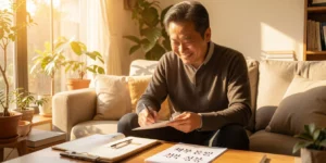 2금융권 대환대출 거실 소파에 앉아 가계부를 정리하며 안도의 미소를 짓는 50대 가장이다