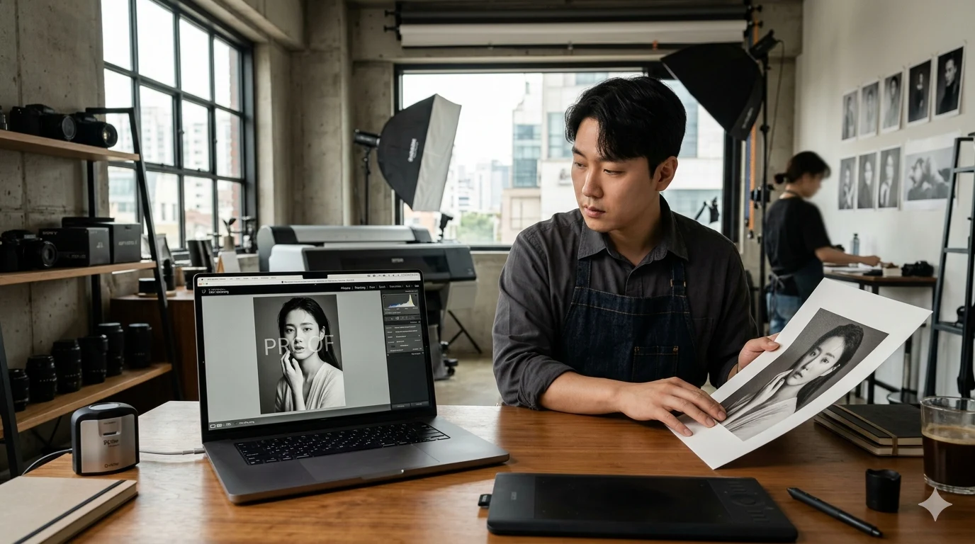 Adobe Lightroom 맥북 소프트 프루핑 활성화된 사진 편집 창과 실제 인쇄 샘플 비교하는 사진작가이다