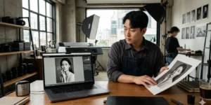 Adobe Lightroom 맥북 소프트 프루핑 활성화된 사진 편집 창과 실제 인쇄 샘플 비교하는 사진작가이다