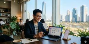Apple 지원 앱 아이폰 수리 예약 카페에서 맥북과 아이폰을 펼쳐놓고 Apple 지원 앱 화면을 보며 미소 짓는 남성 크리에이터