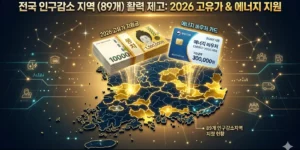 고유가 지원금 인구감소 지역 2026 고유가 지원금 뭉치와 에너지 바우처 카드가 떠다니는 세련된 인포그래픽 디자인