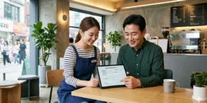 근로자의날 알바 수당 카페에서 앞치마를 두른 알바생과 사장님이 웃으며 태블릿 PC의 근로 계약 내용을 함께 확인한다