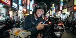 근로장려금 배달 라이더 스마트폰으로 근로장려금 지급 알림을 확인하며 환하게 웃고 있는 헬멧을 쓴 젊은 라이더의 모습이다