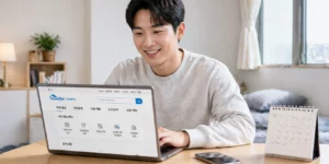 근로장려금 신청 1인 가구 노트북으로 국세청 홈택스 페이지를 보며 밝게 웃는 남성이다