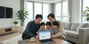 근로장려금 자녀장려금 동시 노트북으로 홈택스 근로·자녀장려금 신청 화면을 확인하는 삼촌이 아빠에게 설명한다