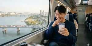 기차표 예매 코레일 KTX 열차 안에서 스마트폰으로 코레일톡 앱을 보며 웃고 있는 30대 남성, 창밖으로는 한강 풍경이다