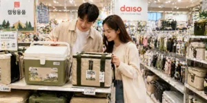 다이소 캠핑용품 매장 코너에서 아이스박스와 보냉백 살펴보는 20대 커플이다