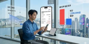 대환대출 중도상환 수수료 스마트폰으로 대환대출 계산하며 토스 카카오 핀다 앱 비교하는 직장인 서울 도심이다