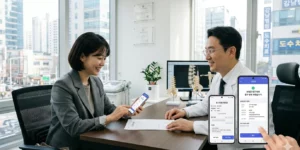 도수치료 실손보험 청구 정형외과 진료실에서 도수치료 처방전을 받아 스마트폰 보험 앱으로 청구하는 30대 직장인