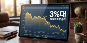 마이너스통장 금리 2026년 태블릿 PC 화면에 실시간으로 하향 곡선을 그리는 금리 그래프와 '3%대'라는 문구가 선명하게 보인다