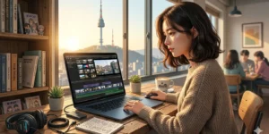 맥북 에어 M5 15인치 성능 유튜브 영상을 편집 중인 20대 여성 크리에이터