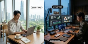 맥북 프로 M5 Pro 14인치 가성비 세련된 카페 테이블 위에 놓인 얇은 맥북 에어와, 그 옆 전문 작업실 데스크 위에 묵직하게 놓인 맥북 프로의 대비를 보여준다
