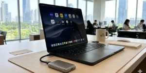 맥북 프로 M5 Pro 1TB 용량 깔끔한 스페이스 블랙 맥북 프로 M5 옆에 작고 세련된 외장 SSD가 연결된 모습이다