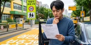 민식이법 운전자보험 합의금 어린이 보호구역 표지판 앞에서 당황한 표정으로 보험 증권을 검토하는 운전자이다
