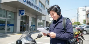 배달 라이더 실업급여 고용센터 앞에서 실업급여 신청 서류를 확인하며 안도하는 표정이다