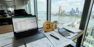 비트코인 ETF 양도소득세 사무실 책상 위에 놓인 MacBook Pro와 복잡한 세금 계산이 적힌 서류들, 창밖으로는 한강 여의도의 스카이라인이 보인다