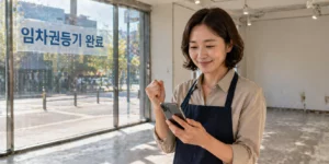 상가 임차권등기명령 폐업 텅 빈 상가 내부에서 스마트폰으로 등기부등본을 확인하며 안도하는 40대 여성 사장님의 모습이다