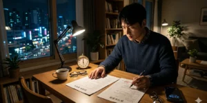 소액임차인 최우선변제금 대항력 12시를 가리키고 있고 임대차 계약서와 등기부등본을 심각하게 대조하는 30대 남성 세입자의 모습