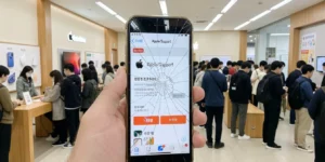 아이폰 수리 예약 화면 깨진 상태로 Apple Support 앱 예약 화면과 Apple Store Genius Bar 대기