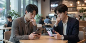 아이폰17 프로 구매 고민 카페에서 아이폰17 프로와 아이폰18 예상 렌더링 이미지를 태블릿으로 비교한다