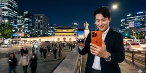아이폰17 프로 디자인 성능 코스믹 오렌지를 손에 들고 카메라로 도심 야경을 촬영하는 직장인이다