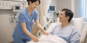 암 치료 간병비 간호사가 암 수술 후 입원 중인 중년 남성 환자를 돌보는 장면이다