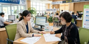 암환자 재택 돌봄 지원 행정복지센터 창구에서 통합돌봄 서비스를 신청하는 50대 암 환자 보호자와 상담 중인 사회복지 공무원