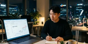 애드센스 CTR 노트북 화면에 구글 애드센스 CTR 상승 그래프가 표시되고 메모장에 수치를 기록하는 30대 직장인이다