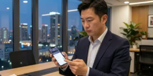 애플케어 플러스 아이폰 무상 배터리 설정 화면을 진지하게 확인하는 남성 사업가이다