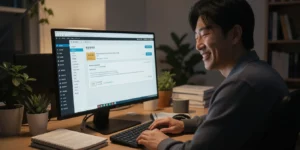 워드프레스 애드센스 승인 거절 대시보드 화면 앞에 앉아 애드센스 승인 이메일 확인하며 안도한다