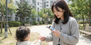 자녀장려금 단독 신청 혼자 아이 손을 잡고 스마트폰으로 홈택스 자녀장려금 신청 화면을 확인한다