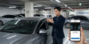 자동차보험 마일리지 특약 빌딩 주차장에서 계기판 사진 찍는 40대 비즈니스 맨