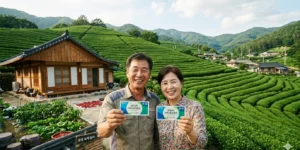 전남 고유가 민생지원금 전라남도 보성 녹차밭을 배경으로 한 농가 앞에서 중년 부부가 밝은 표정으로 지역사랑상품권 카드를 들고 있다