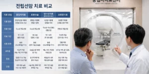 전립선암 치료 비교 표를 보는 환자와 의사가 중입자치료센터 앞 기계를 바라보고 있다