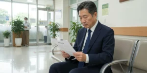 중입자 치료 보험 청구 거절 통보 서류를 들고 병원 로비에 앉아 약관 원문을 검토하는 남성