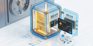 청년도약계좌 대출 적금 증서가 들어있고, 그 금고 문에 '마이너스 통장' 카드가 꽂혀 있는 안정적인 금융을 의미한다