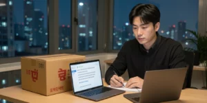 쿠팡파트너스 고전환 책상 위에 로켓배송 박스와 노트북이 함께 놓여 있고 블로그 리뷰 글을 작성한다