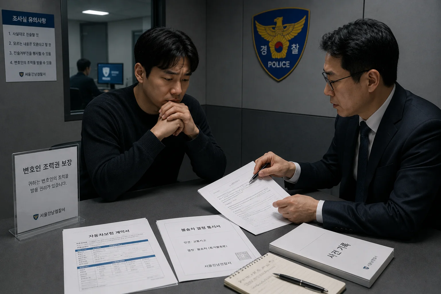 교통사고 경찰조사 경찰서 조사실에서 변호사와 함께 서류 검토하는 운전자