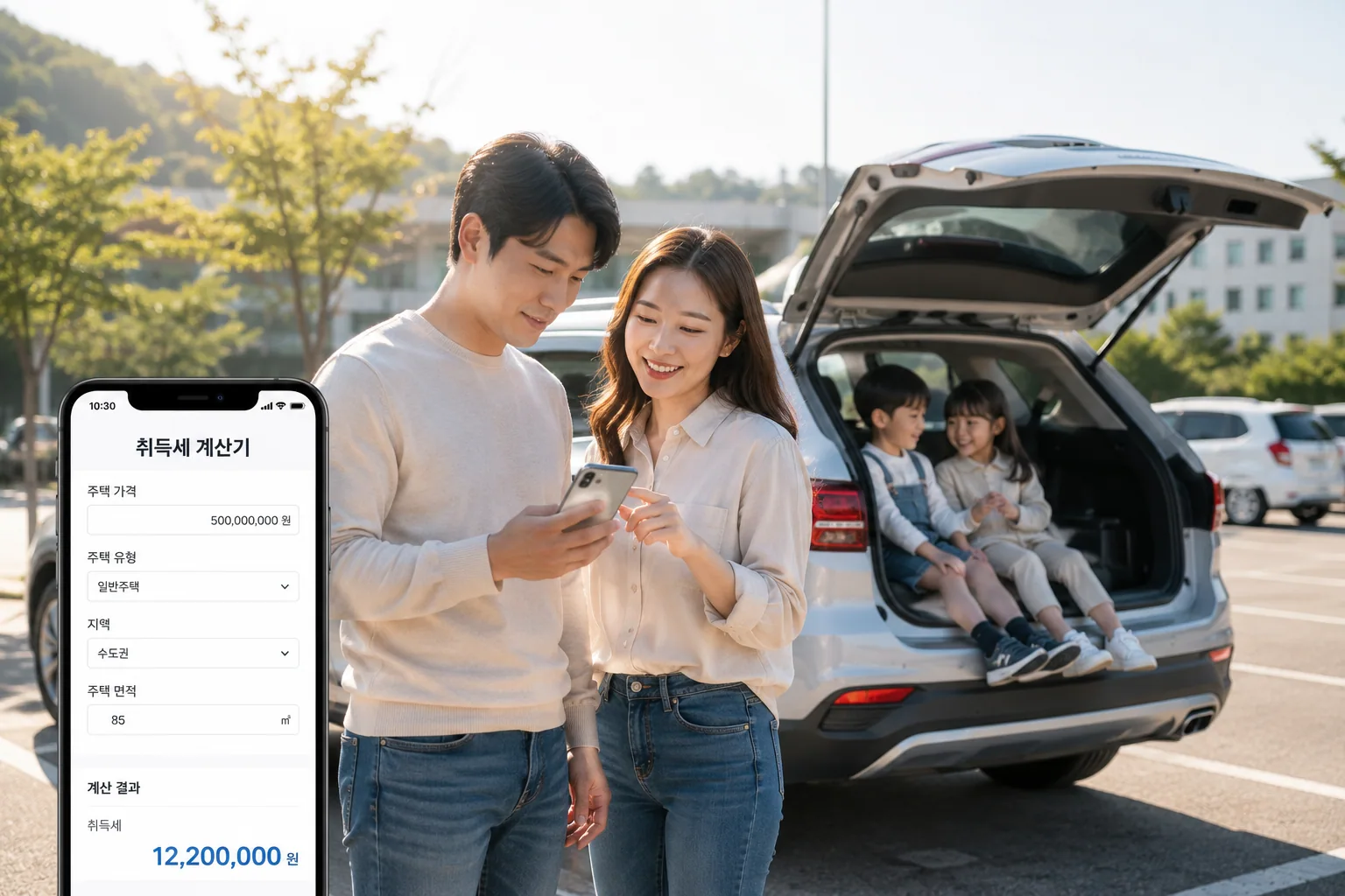 다자녀 자동차 취득세 두 아이를 태운 패밀리 SUV 앞에서 스마트폰으로 취득세 계산기를 확인하는 30대 부부