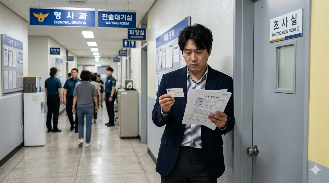성범죄 변호사 선임비 경찰서 조사실 앞에서 보험 약관 서류와 변호사 명함을 들고 고민한다